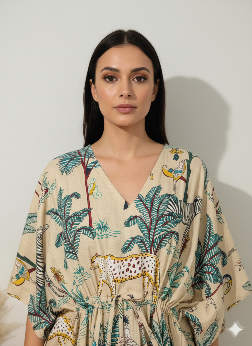 Hand Block Print Cotton Kaftan - Green Jungle Safari Long Maxi Dress, Soft Loungewear