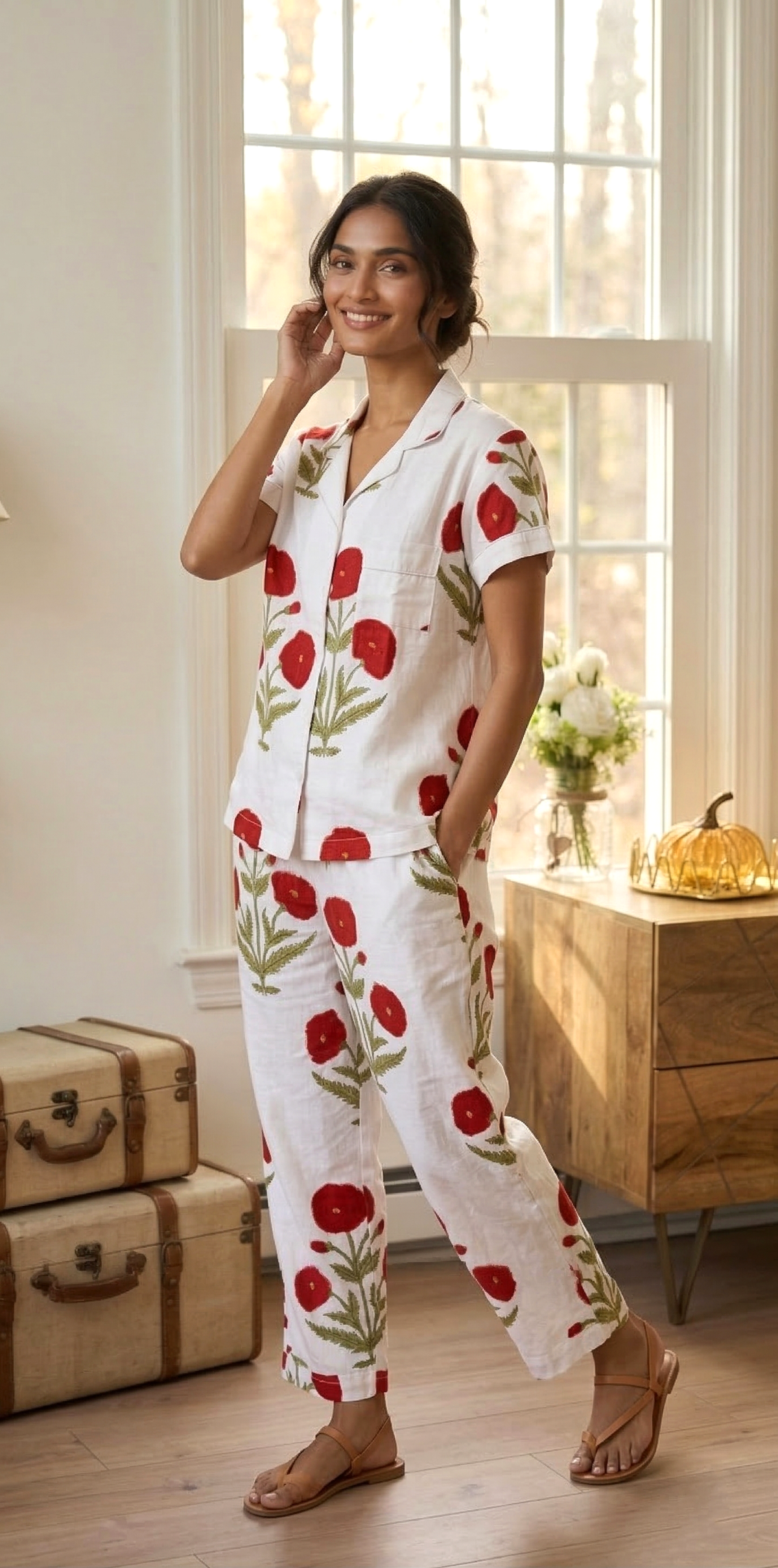 Crimson Red Poppy Floral Hand Block Print Cotton Short Sleeves Pajama Set, Lounge and Sleepwear, Holiday Pajamas Set