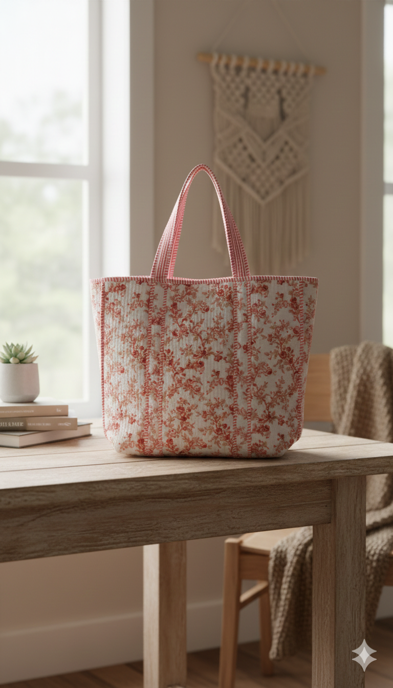 Handmade Pink Floral Block Print Quilted Cotton Tote Bag, Indian Hand Block Print Boho Shoulder Bag, Delicate Botanical Travel Shopping Beach Bag