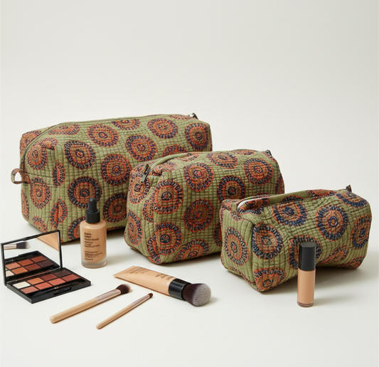 Set Of 3 Makeup Bag, Kachha Mandala Bohemian Block Print Cotton Travel Case, Quilted Cosmetic Storage Bag Set
