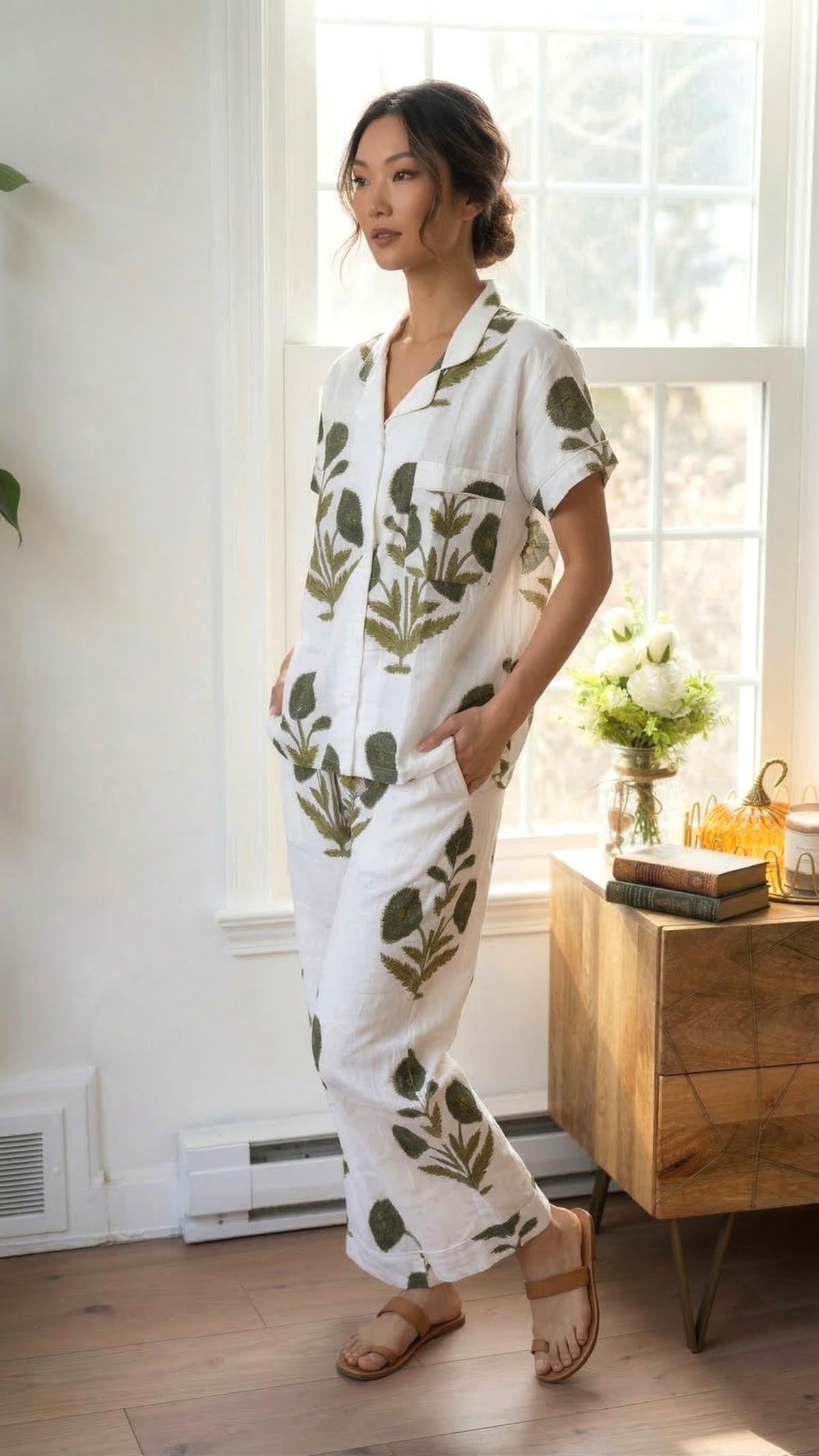Crimson Red Poppy Floral Hand Block Print Cotton Short Sleeves Pajama Set, Lounge and Sleepwear, Holiday Pajamas Set
