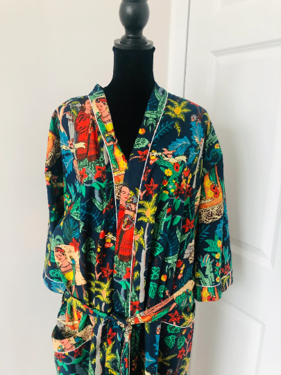 Handcrafted Block Print Cotton Kimono Robe | Magenta Pink & Multicolor Artistic Frida Portrait Lounge Robe | Spa & Sleepwear
