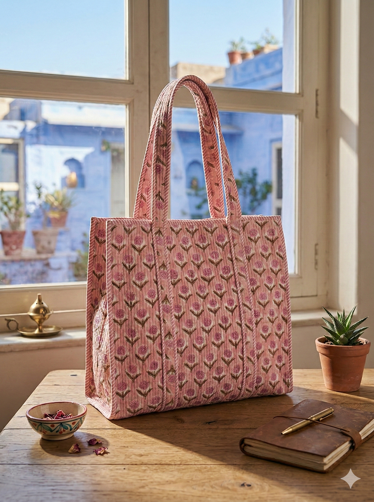 Handmade Pink Floral Block Print Quilted Cotton Tote Bag, Indian Boho Shoulder Bag, Marigold Print Travel Shopping Beach Bag