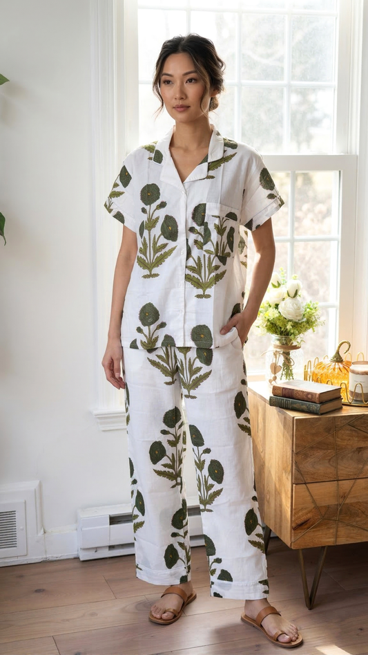 Green Botanical Block Print Cotton Pajama Set, Artisanal Sleepwear & Loungewear, Short Sleeves Pajama Set For Women