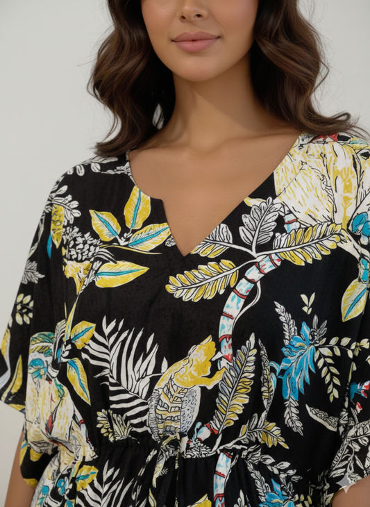 Hand Block Print Cotton Kaftan - Midnight Black Botanical Long Maxi Dress, Soft Loungewear