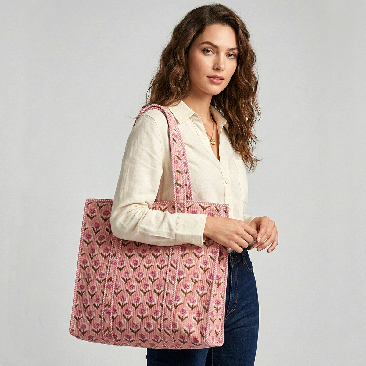 Handmade Pink Floral Block Print Quilted Cotton Tote Bag, Indian Boho Shoulder Bag, Marigold Print Travel Shopping Beach Bag