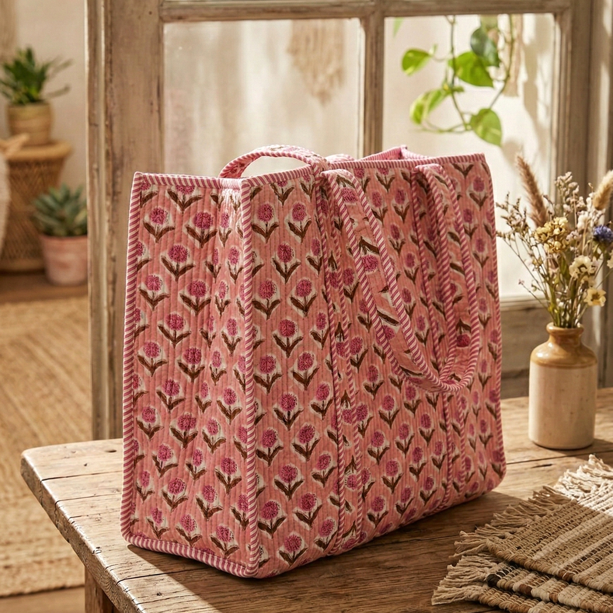 Handmade Pink Floral Block Print Quilted Cotton Tote Bag, Indian Boho Shoulder Bag, Marigold Print Travel Shopping Beach Bag