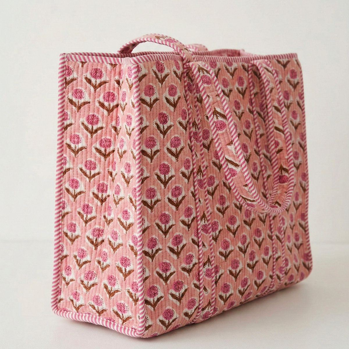 Handmade Pink Floral Block Print Quilted Cotton Tote Bag, Indian Boho Shoulder Bag, Marigold Print Travel Shopping Beach Bag