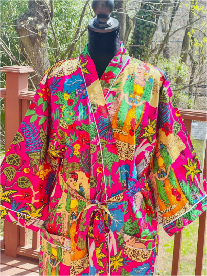 Handcrafted Block Print Cotton Kimono Robe | Magenta Pink & Multicolor Artistic Frida Portrait Lounge Robe | Spa & Sleepwear