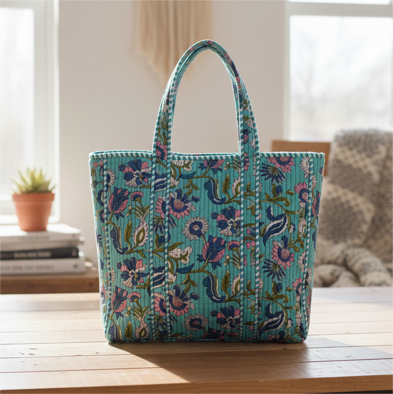 Handmade Turquoise Floral Block Print Quilted Cotton Tote Bag, Indian Boho Shoulder Bag, Botanical Travel Shopping Beach Bag
