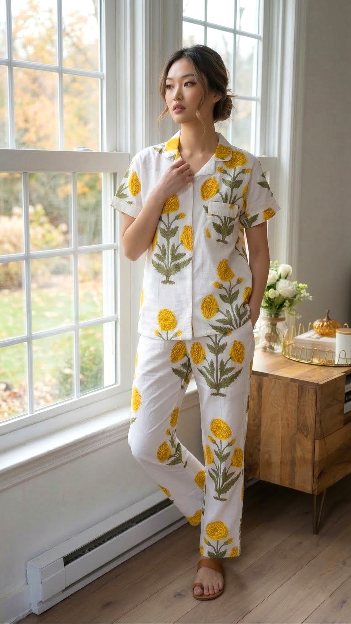 Crimson Red Poppy Floral Hand Block Print Cotton Short Sleeves Pajama Set, Lounge and Sleepwear, Holiday Pajamas Set
