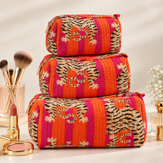 Set Of 3 Makeup Bag, Sunset Tiger Block Print Cotton Travel Case, Quilted Cosmetic Storage Pouch