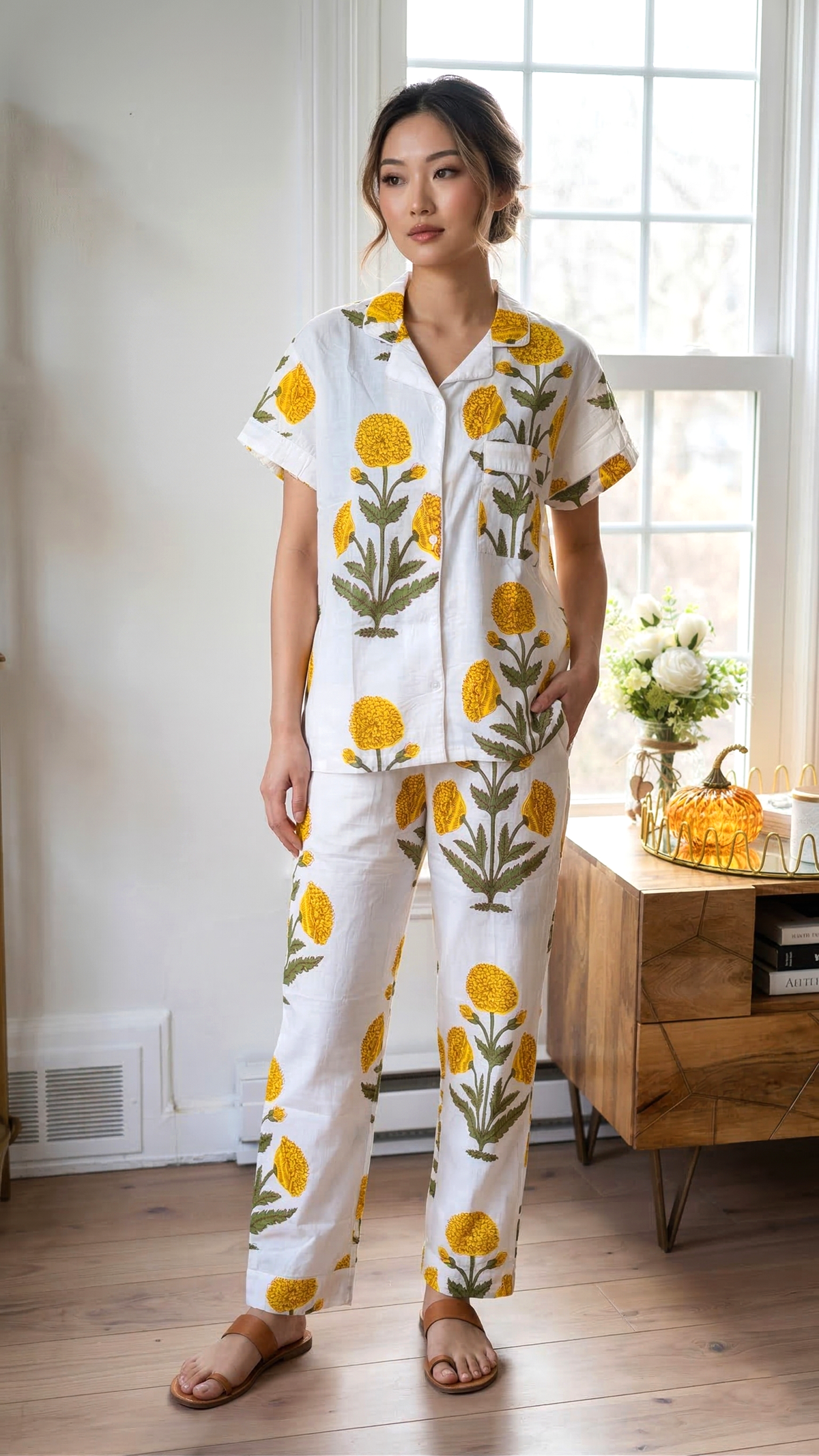 Crimson Red Poppy Floral Hand Block Print Cotton Short Sleeves Pajama Set, Lounge and Sleepwear, Holiday Pajamas Set