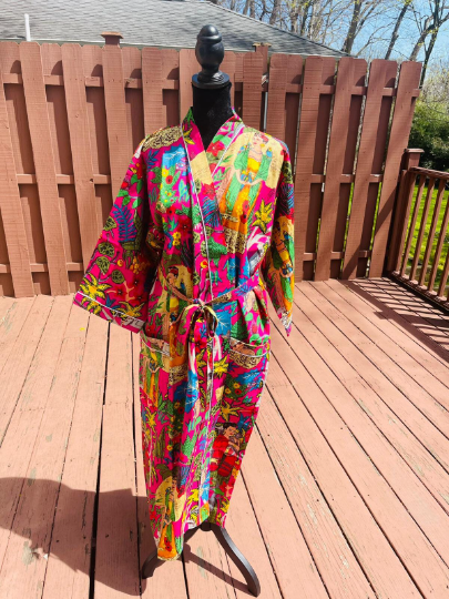 Handcrafted Block Print Cotton Kimono Robe | Magenta Pink & Multicolor Artistic Frida Portrait Lounge Robe | Spa & Sleepwear