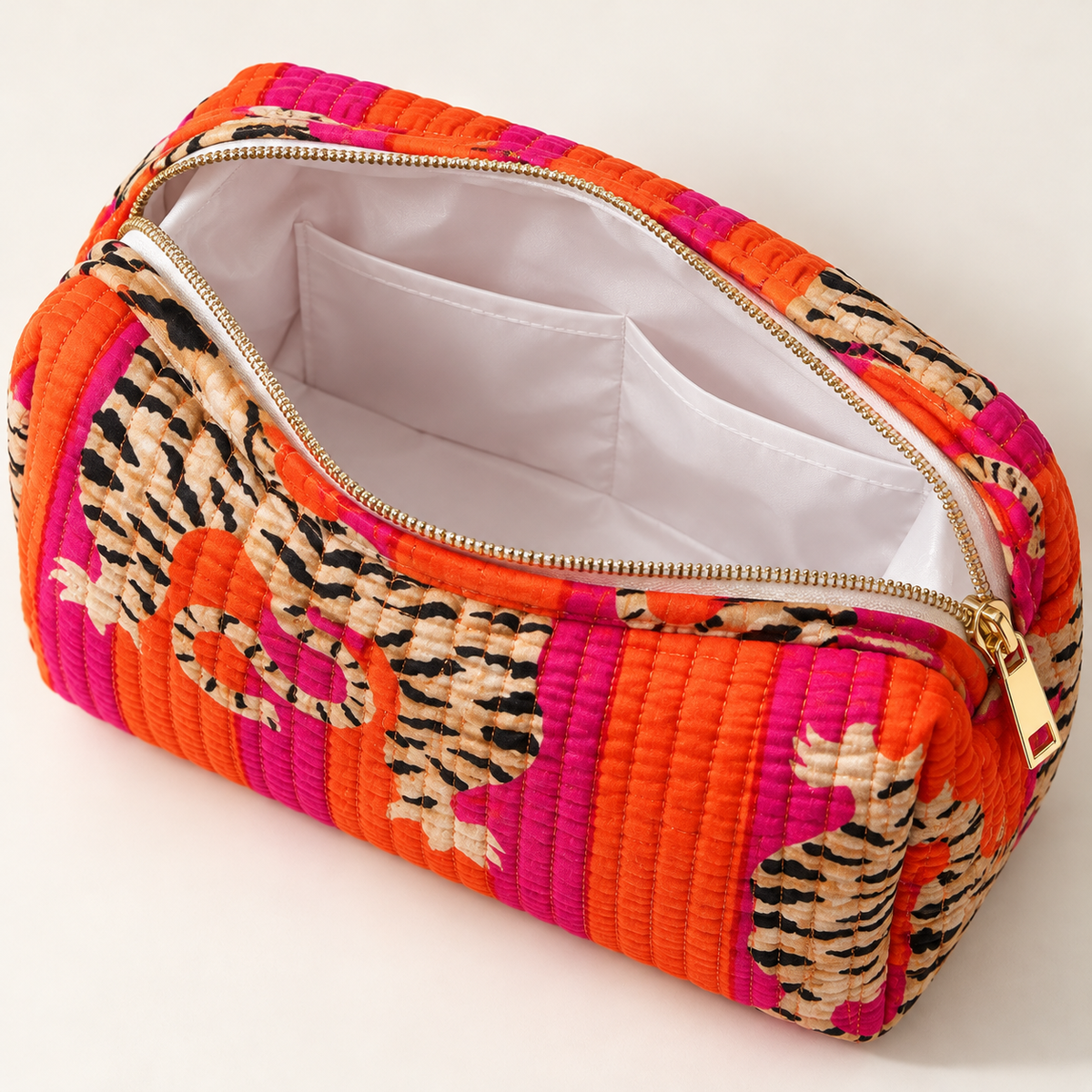 Set Of 3 Makeup Bag, Pink Tiger Stripe Block Print Cotton Travel Case, Quilted Cosmetic Storage Bag Set