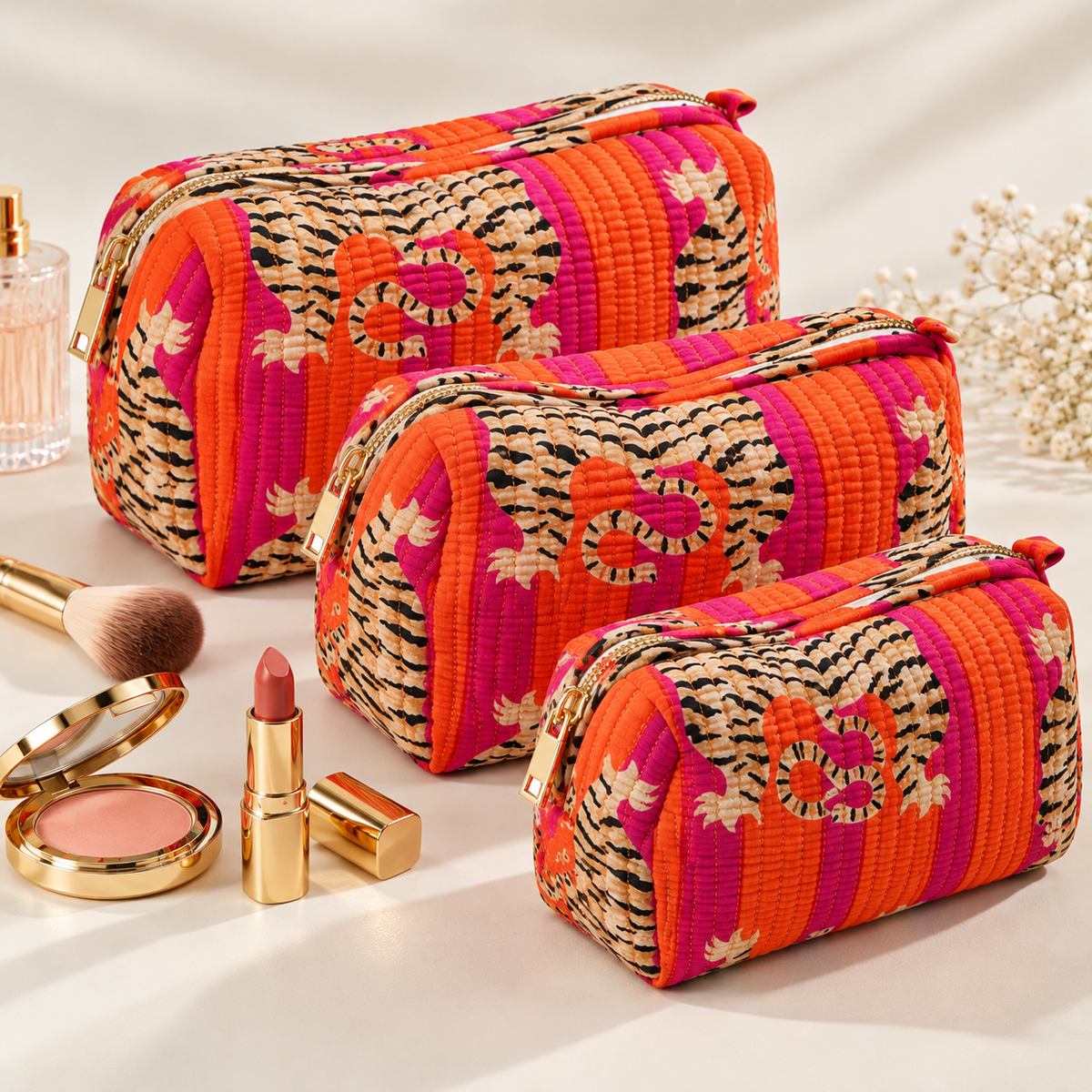 Set Of 3 Makeup Bag, Pink Tiger Stripe Block Print Cotton Travel Case, Quilted Cosmetic Storage Bag Set