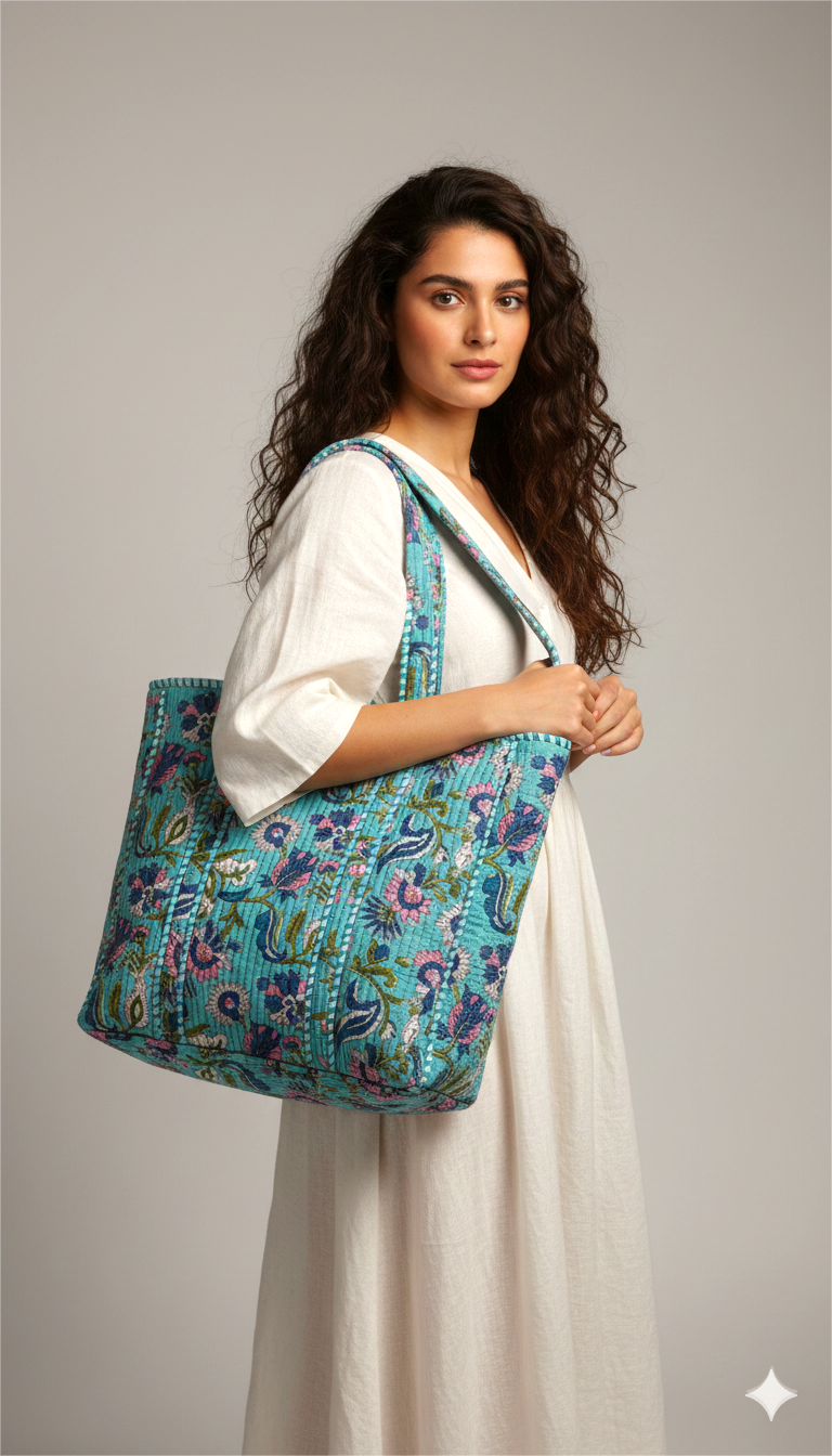 Handmade Turquoise Floral Block Print Quilted Cotton Tote Bag, Indian Boho Shoulder Bag, Botanical Travel Shopping Beach Bag