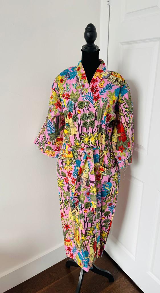 Handcrafted Block Print Cotton Kimono Robe | Magenta Pink & Multicolor Artistic Frida Portrait Lounge Robe | Spa & Sleepwear