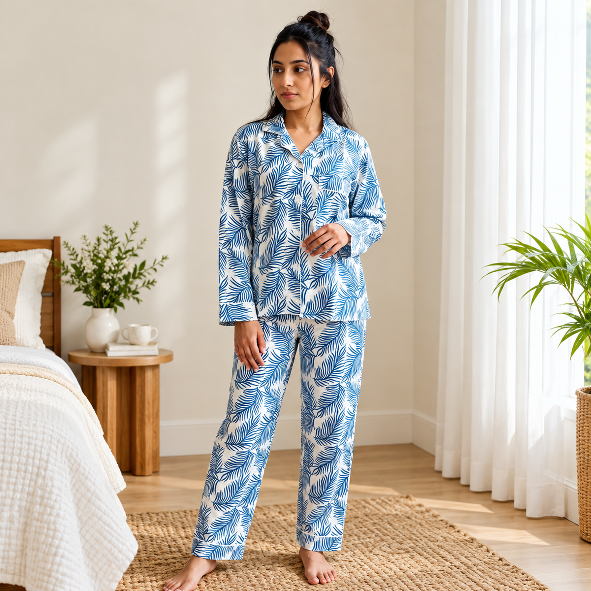 Blue Fern Leaf Print Cotton Pajama Set, Tropical Botanical Lounge &amp; Sleepwear, Hand Block Print Pajama Set