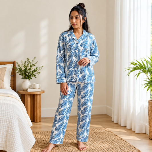 Blue Fern Leaf Print Cotton Pajama Set, Tropical Botanical Lounge &amp; Sleepwear, Hand Block Print Pajama Set