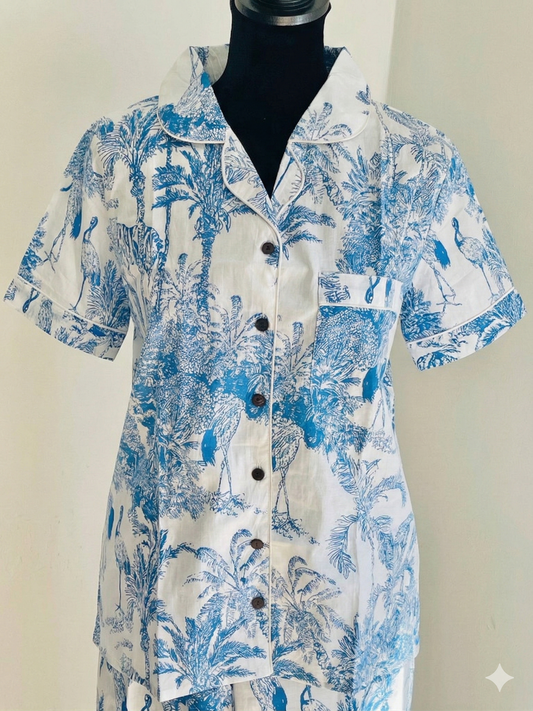 Blue Crane Tropical Hand Block Print Cotton Pajama Set, Holiday Sleepwear &amp; Loungewear, Christmas Gift