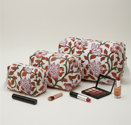 Set Of 3 Makeup Bag, Floral Bel Block Print Cotton Travel Case, Quilted Cosmetic Storage Bag Set
