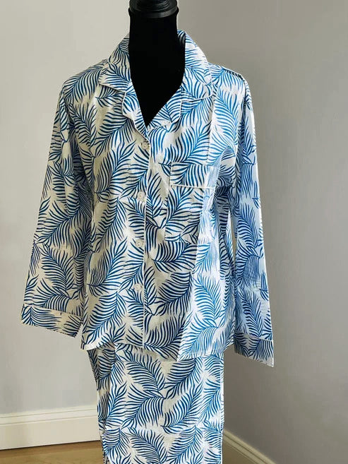 Blue Fern Leaf Print Cotton Pajama Set, Tropical Botanical Lounge &amp; Sleepwear, Hand Block Print Pajama Set