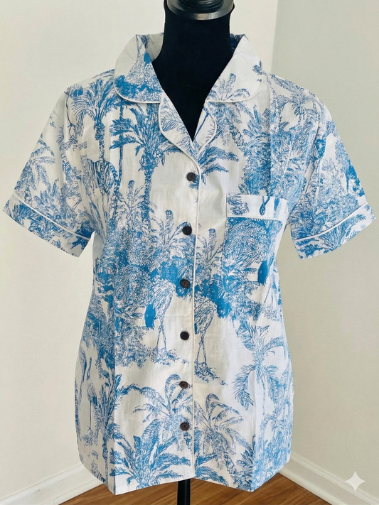 Blue Crane Tropical Hand Block Print Cotton Pajama Set, Holiday Sleepwear &amp; Loungewear, Christmas Gift