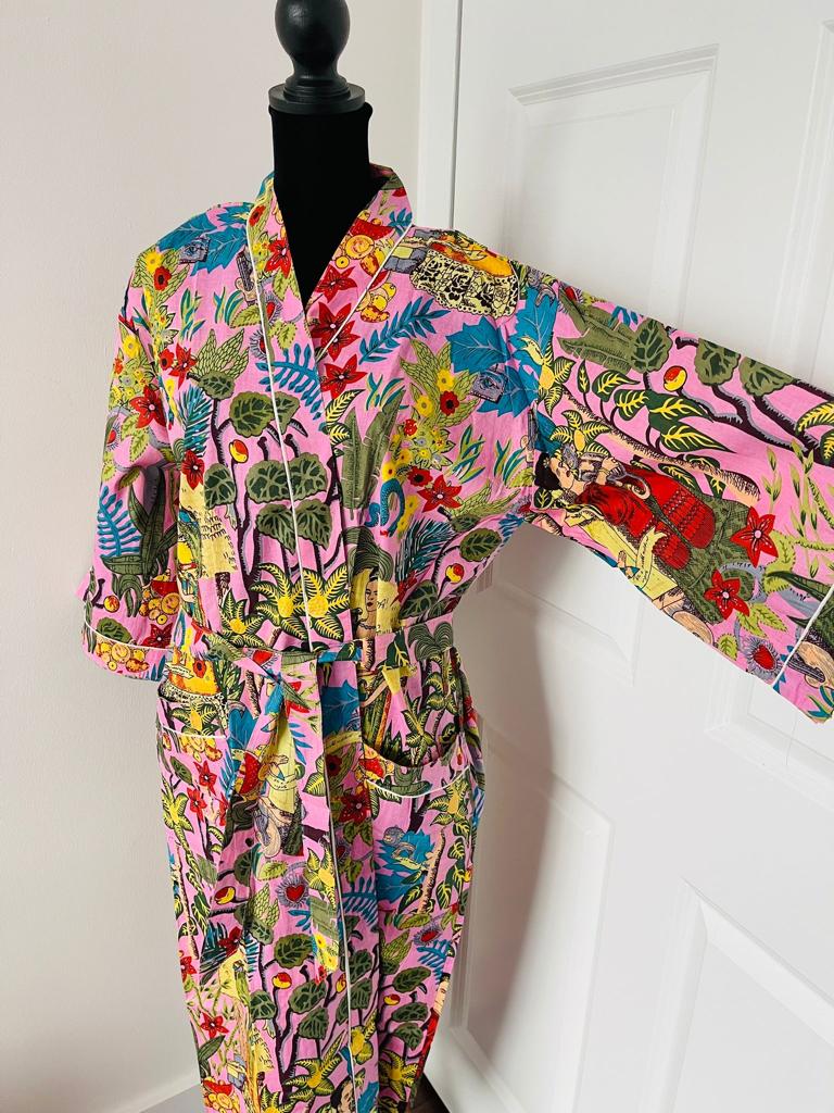 Handcrafted Block Print Cotton Kimono Robe | Magenta Pink & Multicolor Artistic Frida Portrait Lounge Robe | Spa & Sleepwear