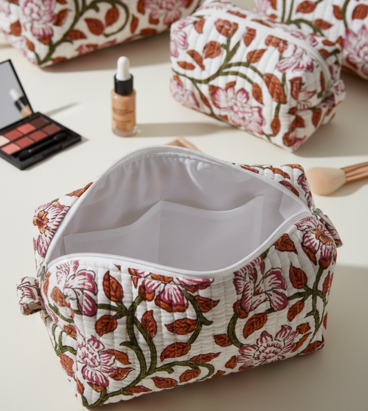 Set Of 3 Makeup Bag, Floral Bel Block Print Cotton Travel Case, Quilted Cosmetic Storage Bag Set