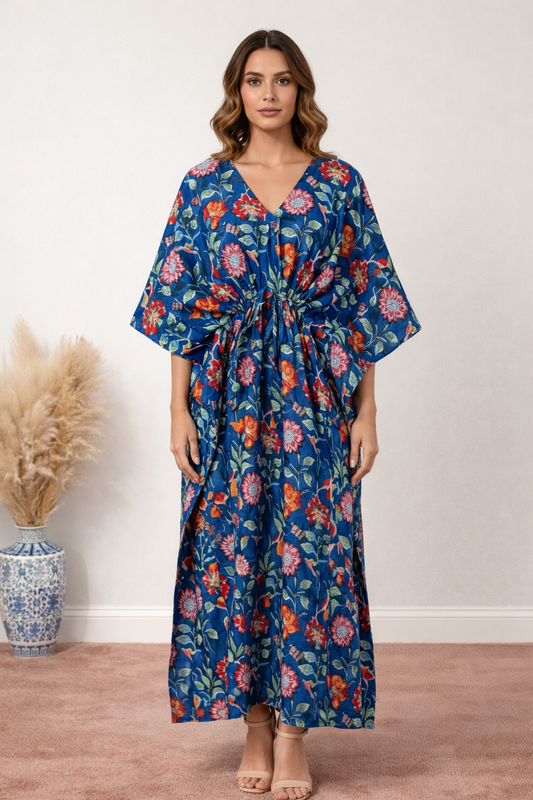 Hand Block Print Cotton Kaftan - Royal Blue Floral Long Maxi Dress, Soft Loungewear