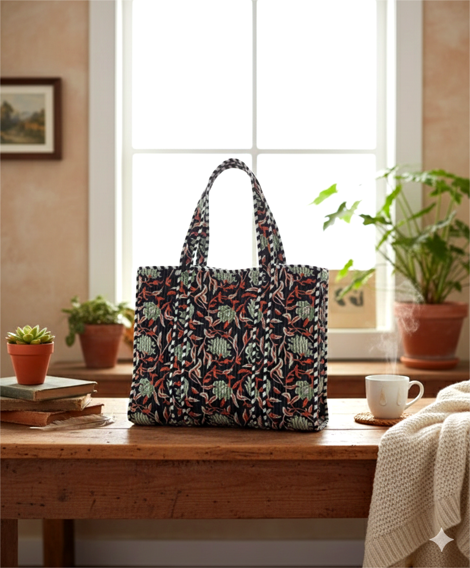 Handmade Black Floral Block Print Quilted Cotton Tote Bag, Indian Boho Shoulder Bag, Botanical Travel Shopping Beach Bag