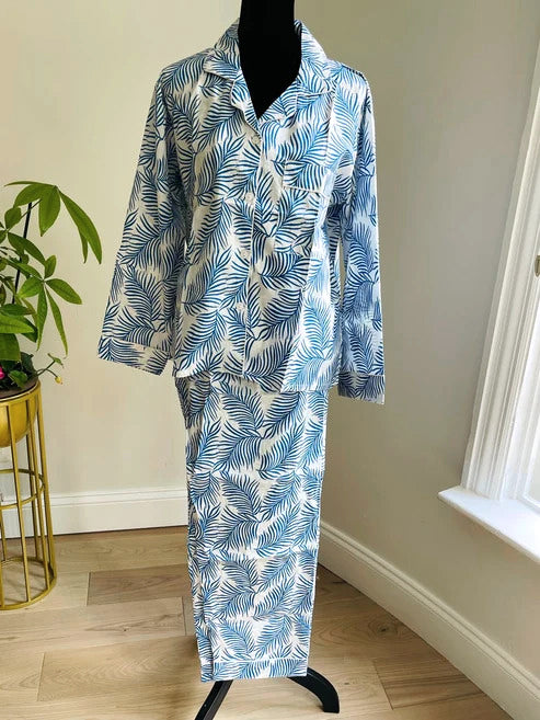 Blue Fern Leaf Print Cotton Pajama Set, Tropical Botanical Lounge &amp; Sleepwear, Hand Block Print Pajama Set