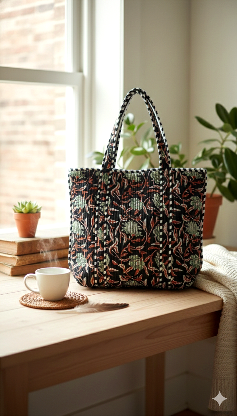 Handmade Black Floral Block Print Quilted Cotton Tote Bag, Indian Boho Shoulder Bag, Botanical Travel Shopping Beach Bag