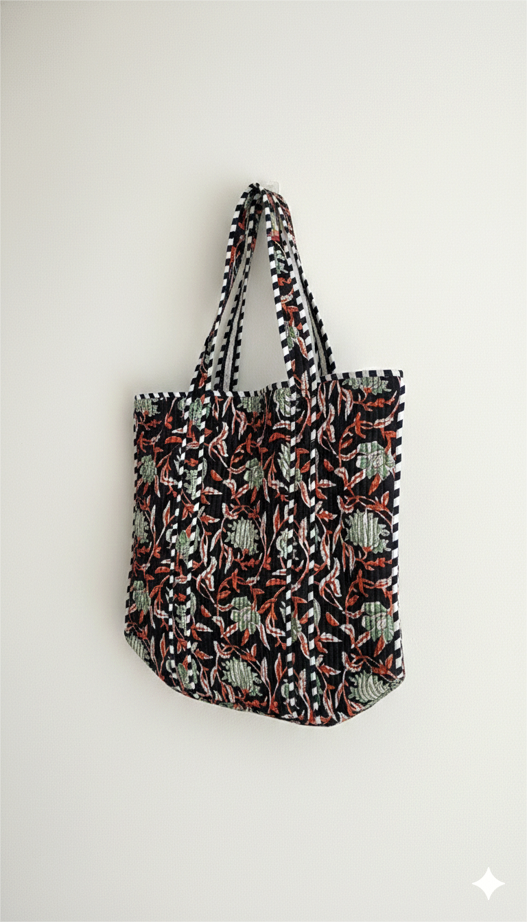 Handmade Black Floral Block Print Quilted Cotton Tote Bag, Indian Boho Shoulder Bag, Botanical Travel Shopping Beach Bag