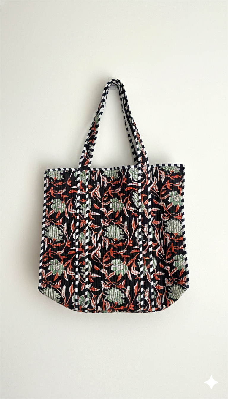 Handmade Black Floral Block Print Quilted Cotton Tote Bag, Indian Boho Shoulder Bag, Botanical Travel Shopping Beach Bag