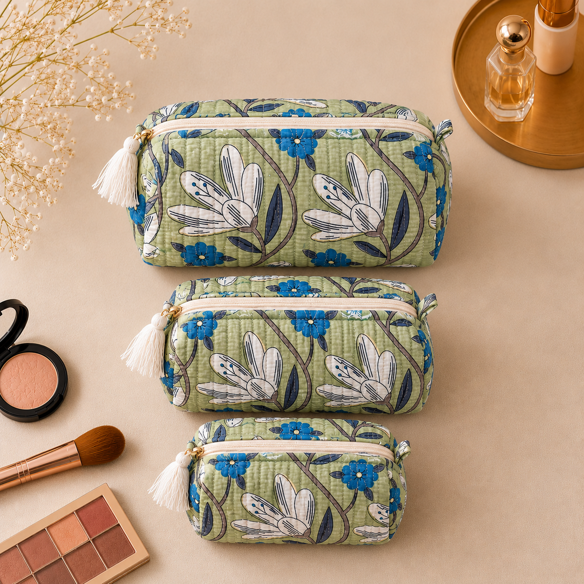 Set Of 3 Makeup Bag, Sage Lotus Floral Block Print Cotton Travel Case, Quilted Cosmetic Storage Bag Set