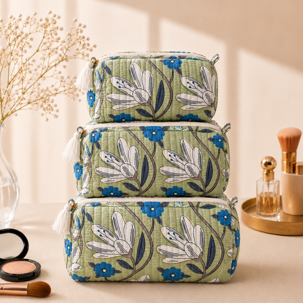 Set Of 3 Makeup Bag, Sage Lotus Floral Block Print Cotton Travel Case, Quilted Cosmetic Storage Bag Set