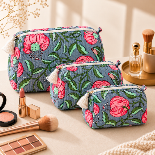 Set Of 3 Makeup Bag, Slate Peony Floral Block Print Cotton Travel Case, Quilted Cosmetic Storage Bag Set