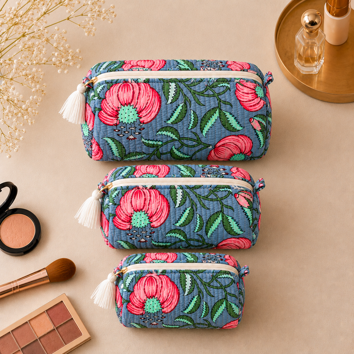 Set Of 3 Makeup Bag, Slate Peony Floral Block Print Cotton Travel Case, Quilted Cosmetic Storage Bag Set