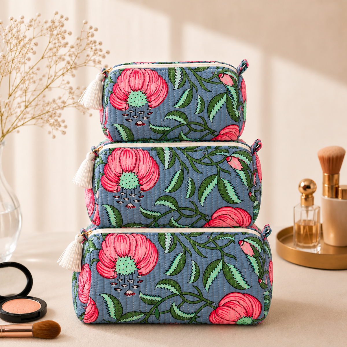 Set Of 3 Makeup Bag, Slate Peony Floral Block Print Cotton Travel Case, Quilted Cosmetic Storage Bag Set