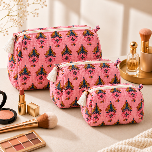 Set Of 3 Makeup Bag, Blush Boota Floral Block Print Cotton Travel Case, Quilted Cosmetic Storage Bag Set