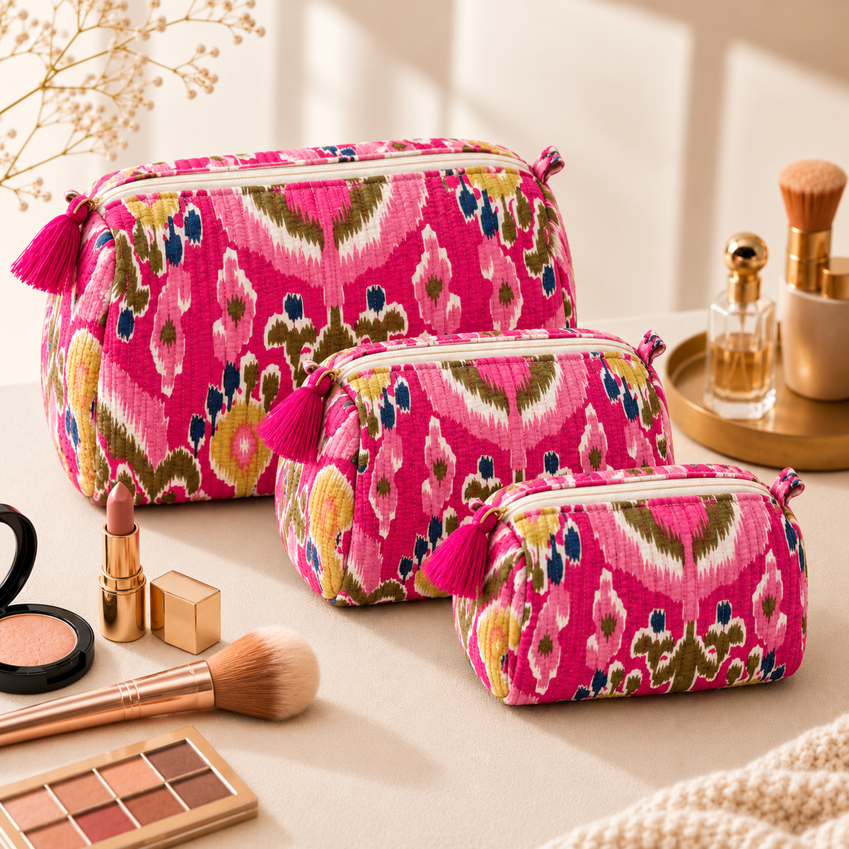 Set Of 3 Makeup Bag, Bandhani Chevron Print Cotton Travel Case, Quilted Cosmetic Storage Bag Set