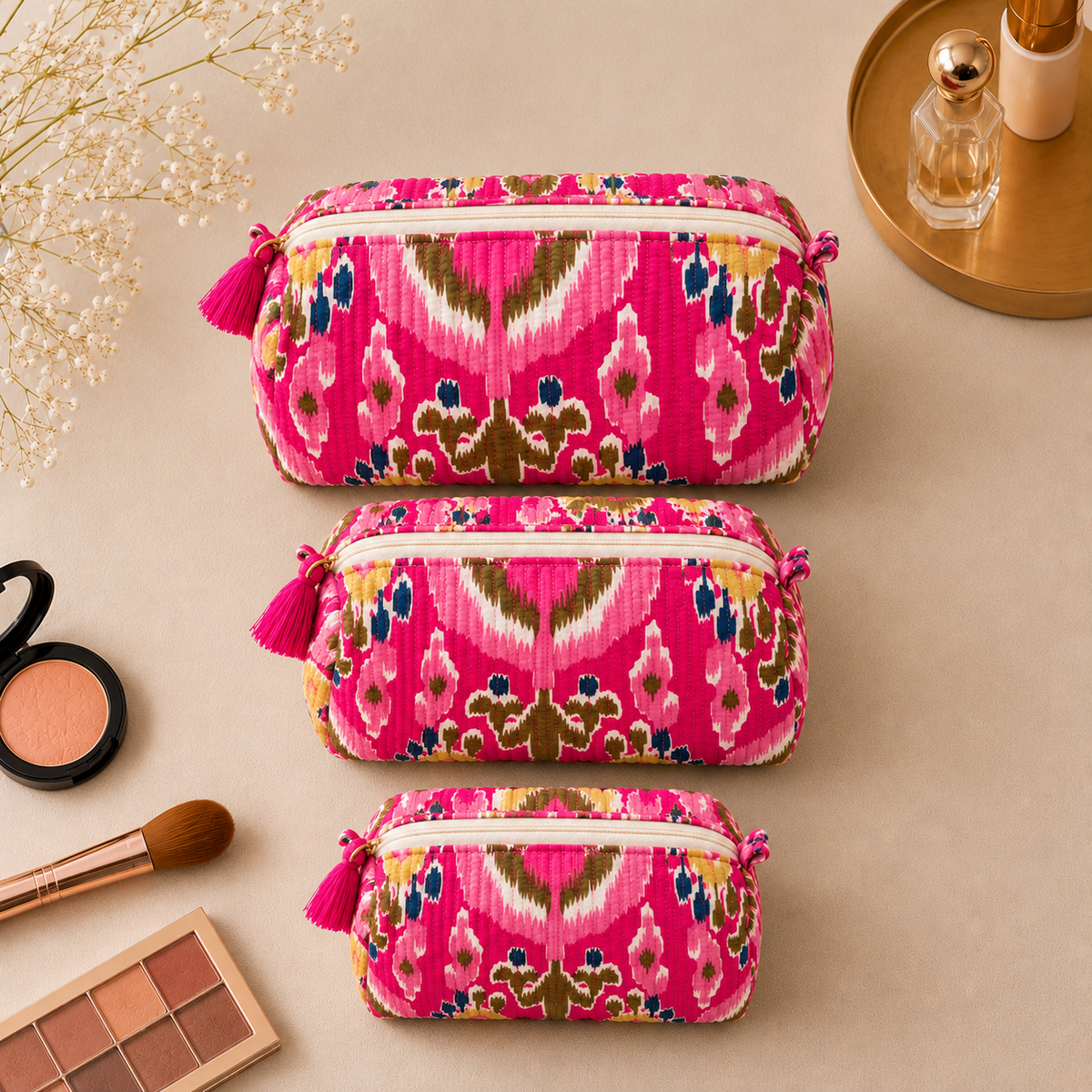 Set Of 3 Makeup Bag, Bandhani Chevron Print Cotton Travel Case, Quilted Cosmetic Storage Bag Set