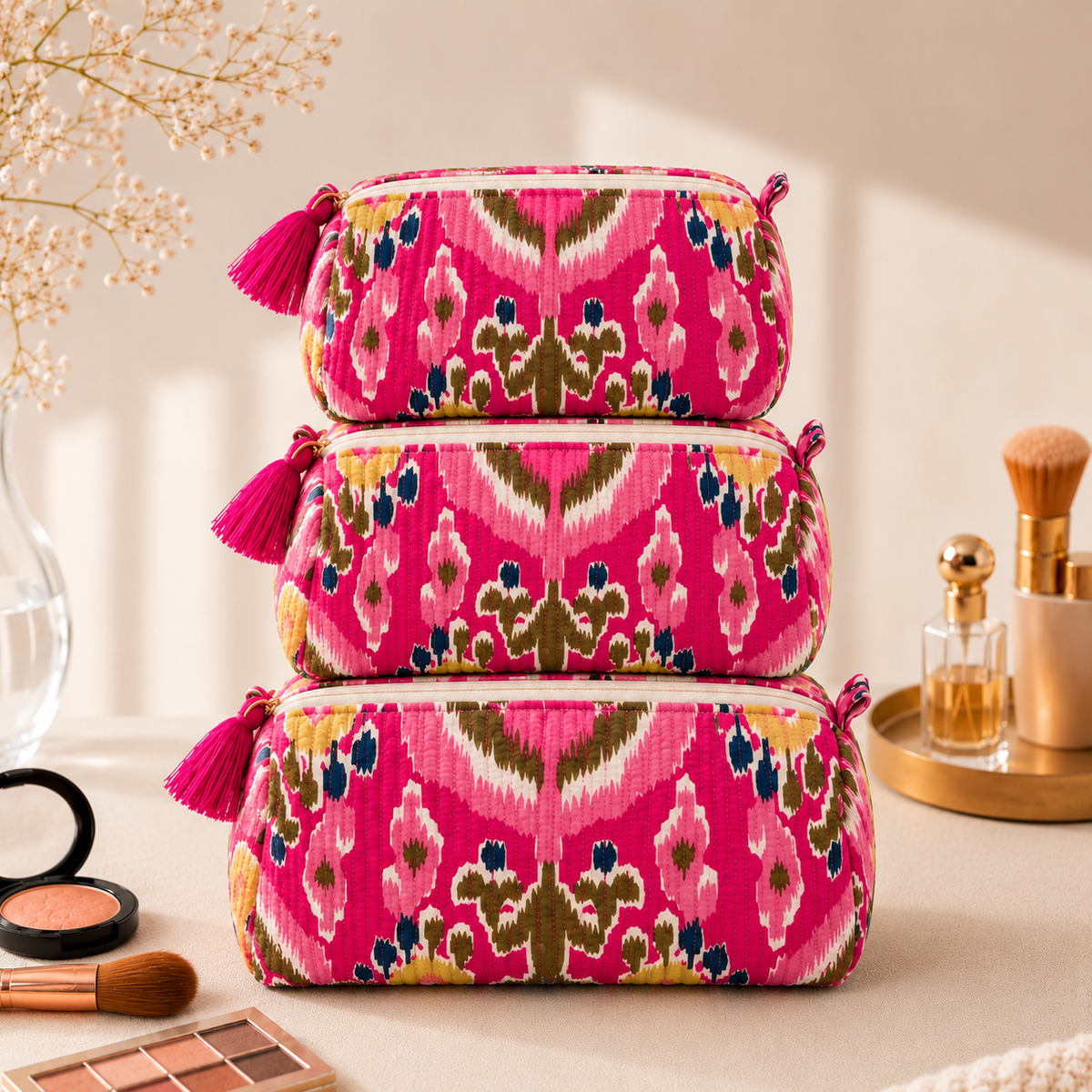 Set Of 3 Makeup Bag, Bandhani Chevron Print Cotton Travel Case, Quilted Cosmetic Storage Bag Set
