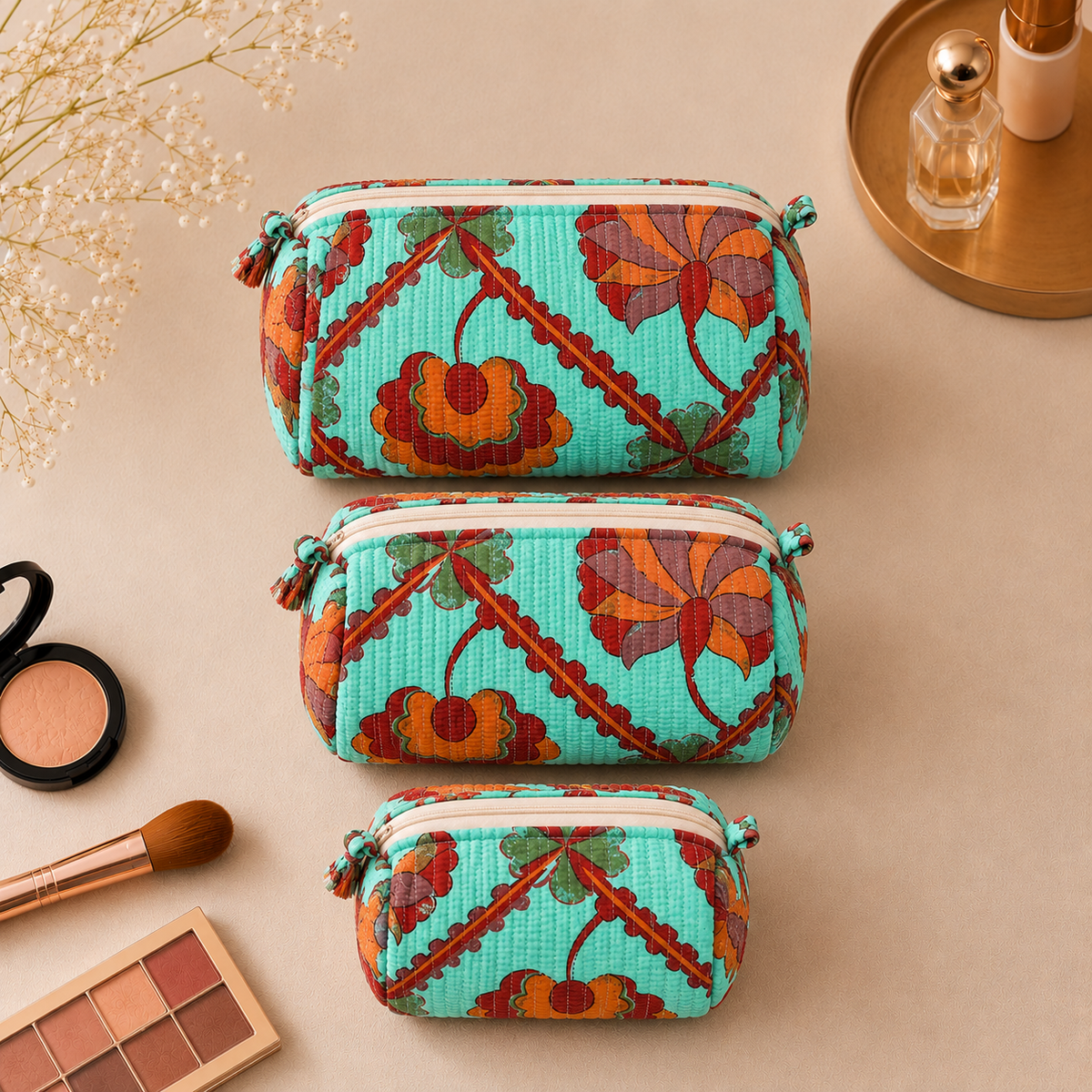 Set Of 3 Makeup Bag, Turquoise Trellis Floral Block Print Cotton Travel Case, Quilted Cosmetic Storage Bag Set