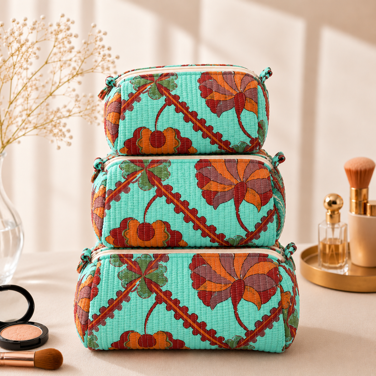 Set Of 3 Makeup Bag, Turquoise Trellis Floral Block Print Cotton Travel Case, Quilted Cosmetic Storage Bag Set