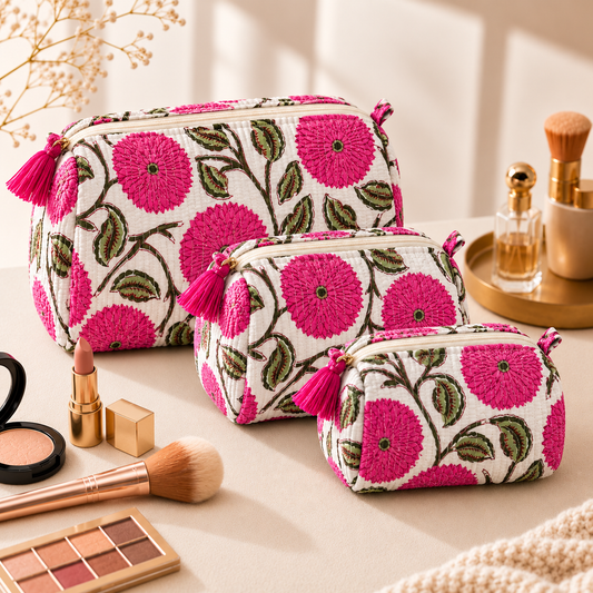 Set Of 3 Makeup Bag, Magenta Bud Floral Block Print Cotton Travel Case, Quilted Cosmetic Storage Bag Set