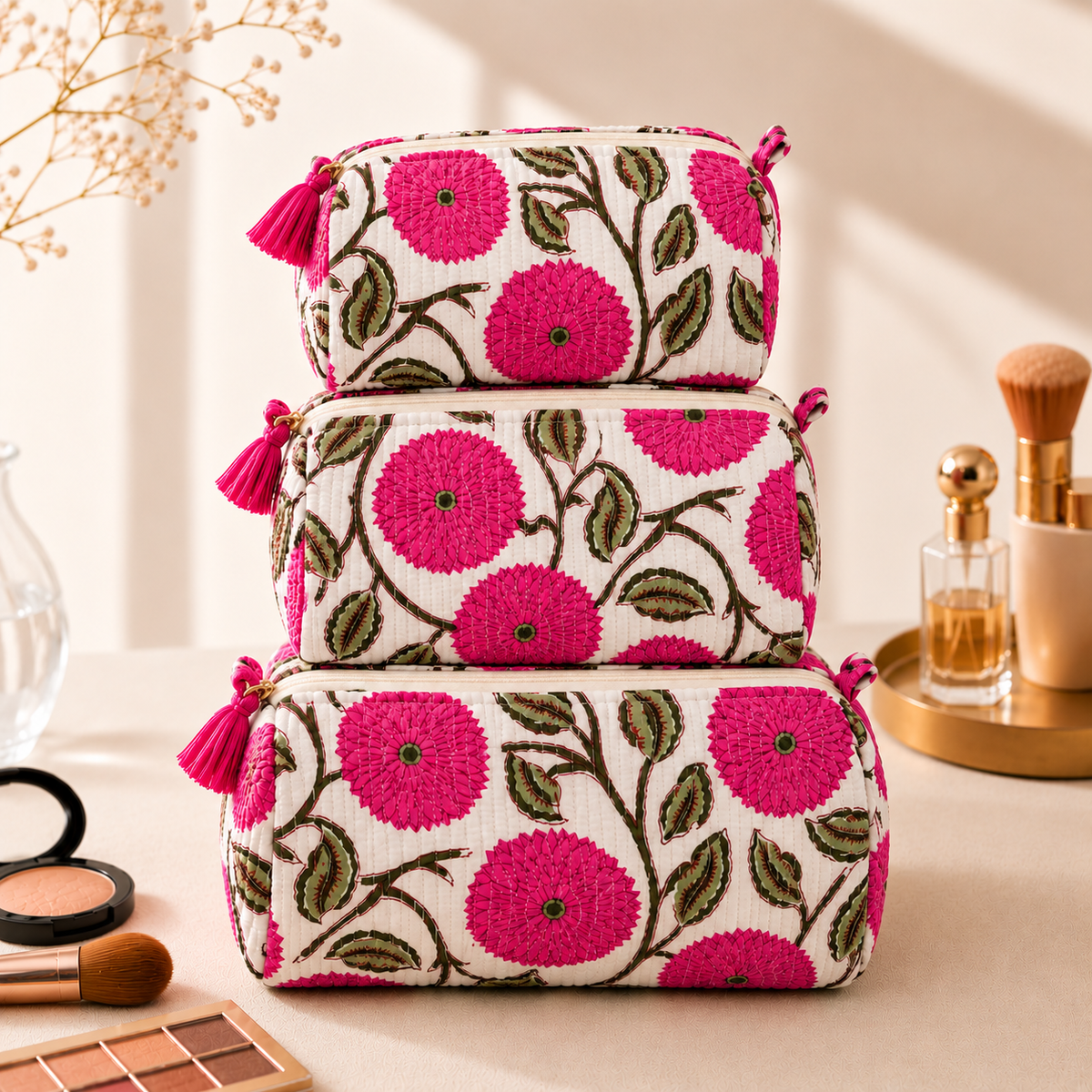 Set Of 3 Makeup Bag, Magenta Bud Floral Block Print Cotton Travel Case, Quilted Cosmetic Storage Bag Set