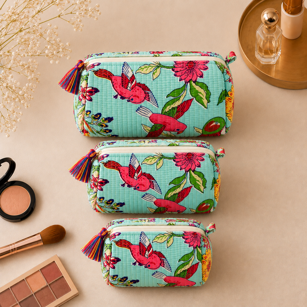 Set Of 3 Makeup Bag, Aqua Avian Bird Block Print Cotton Travel Case, Quilted Cosmetic Storage Bag Set